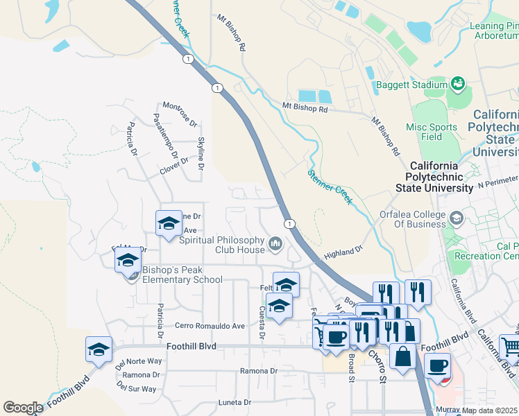 map of restaurants, bars, coffee shops, grocery stores, and more near Westmont Avenue & Couper Drive in San Luis Obispo