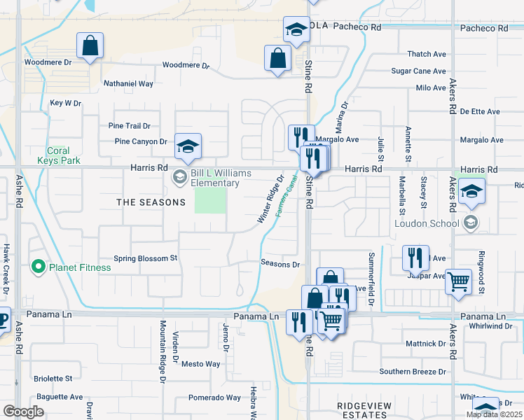 map of restaurants, bars, coffee shops, grocery stores, and more near 5102 Winterwood Court in Bakersfield