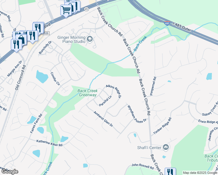 map of restaurants, bars, coffee shops, grocery stores, and more near 10311 Atkins Ridge Drive in Charlotte