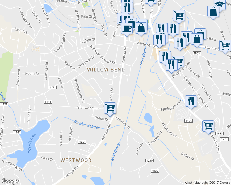 map of restaurants, bars, coffee shops, grocery stores, and more near 1106 Mountain View Street in Hendersonville