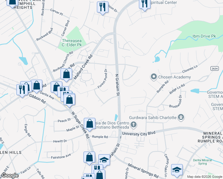map of restaurants, bars, coffee shops, grocery stores, and more near 6350 Pink Dogwood Lane in Charlotte