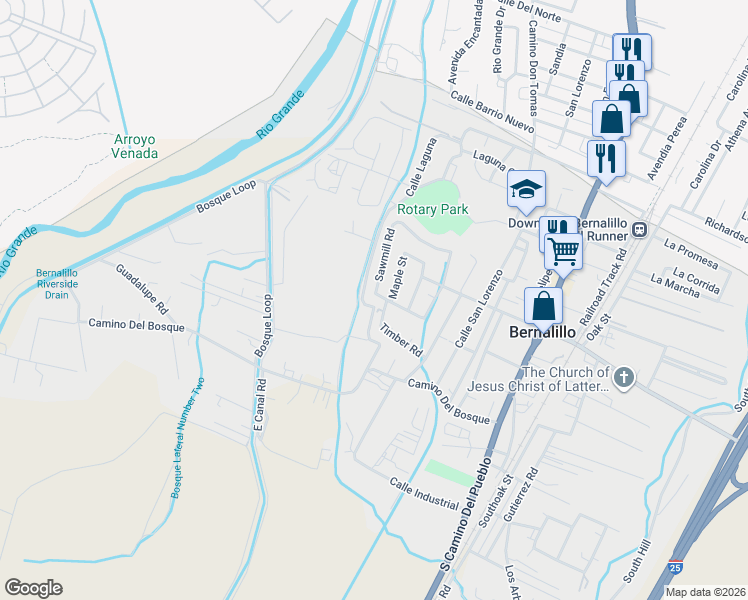 map of restaurants, bars, coffee shops, grocery stores, and more near 355 Los Pinos Road in Bernalillo