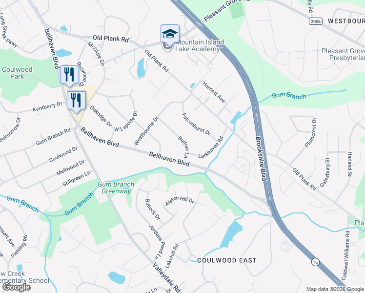map of restaurants, bars, coffee shops, grocery stores, and more near 7732 Bellhaven Boulevard in Charlotte