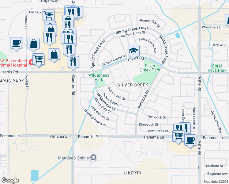 map of restaurants, bars, coffee shops, grocery stores, and more near 7520 Sutters Mill Street in Bakersfield