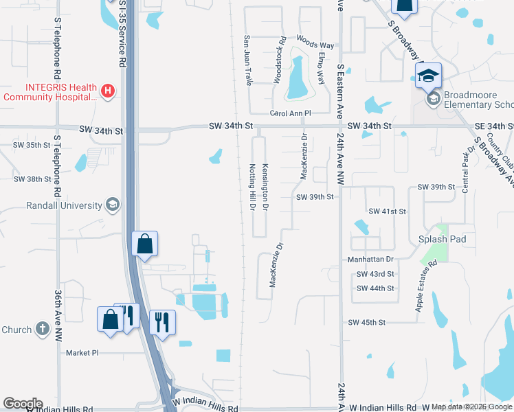 map of restaurants, bars, coffee shops, grocery stores, and more near 4208 Notting Hill Drive in Moore