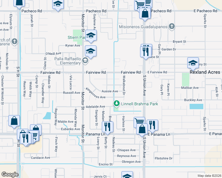 map of restaurants, bars, coffee shops, grocery stores, and more near 510 Aussie Avenue in Bakersfield