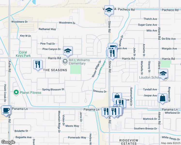 map of restaurants, bars, coffee shops, grocery stores, and more near 5102 Winterwood Court in Bakersfield