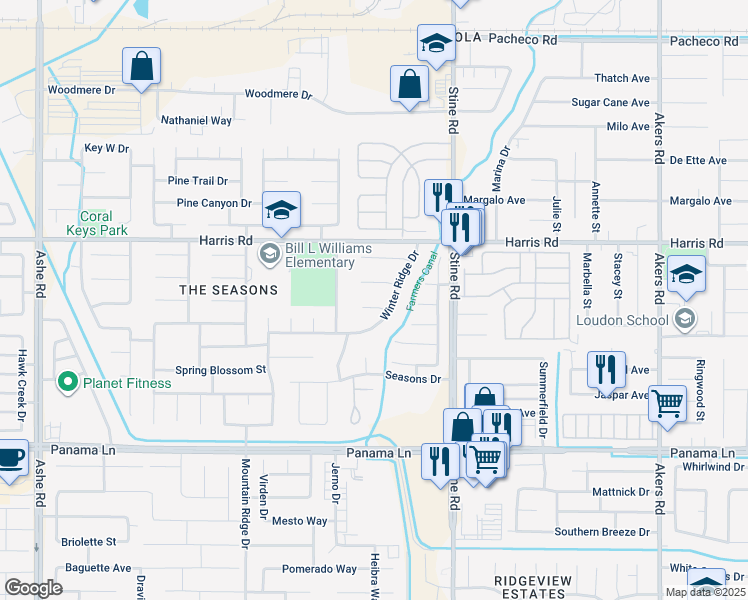 map of restaurants, bars, coffee shops, grocery stores, and more near 5102 Winterwood Court in Bakersfield