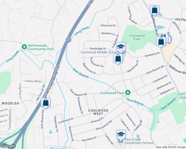 map of restaurants, bars, coffee shops, grocery stores, and more near 617 Belmorrow Drive in Charlotte