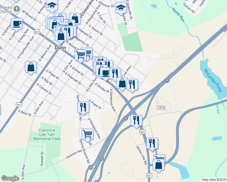 map of restaurants, bars, coffee shops, grocery stores, and more near 1000 East Cumberland Street in Dunn