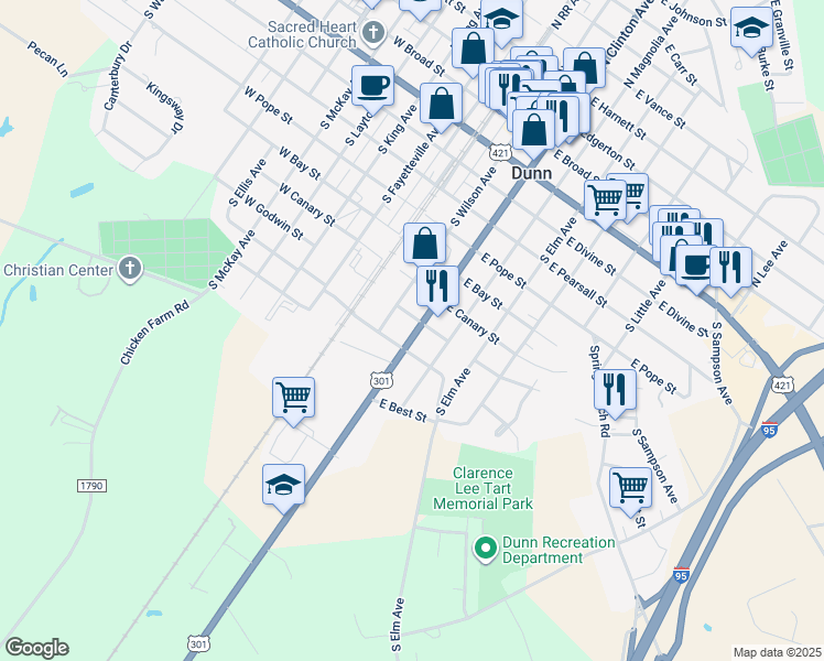 map of restaurants, bars, coffee shops, grocery stores, and more near 804 South Clinton Avenue in Dunn