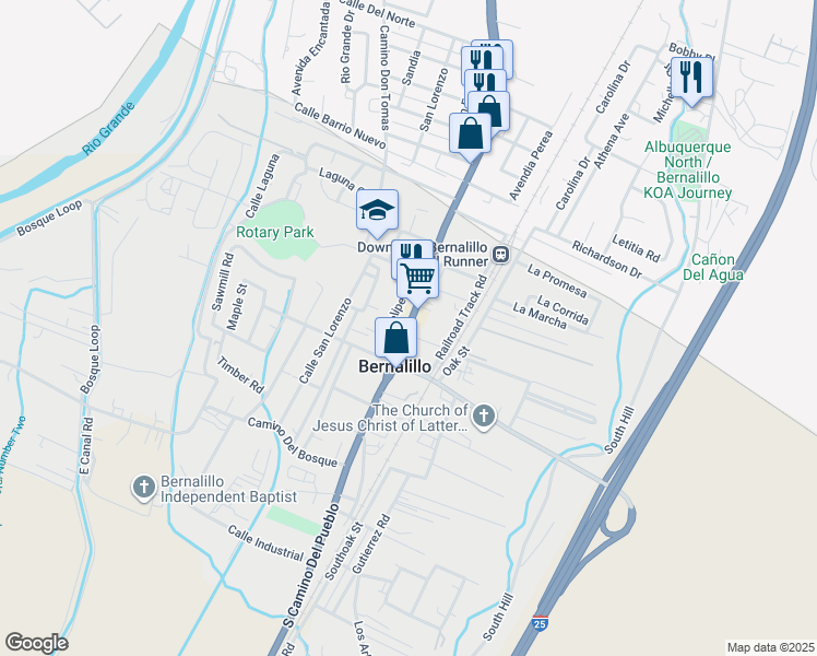 map of restaurants, bars, coffee shops, grocery stores, and more near Camino Del Pueblo in Bernalillo