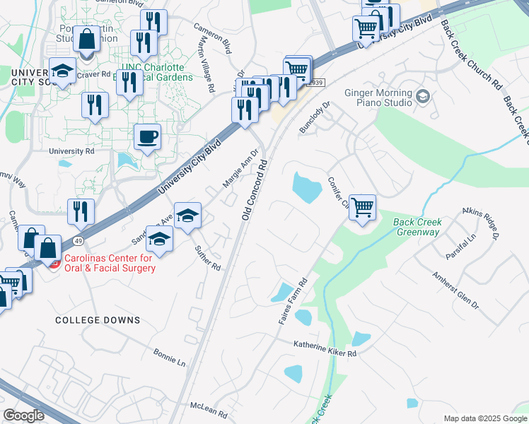map of restaurants, bars, coffee shops, grocery stores, and more near 10148 Baxter Caldwell Drive in Charlotte