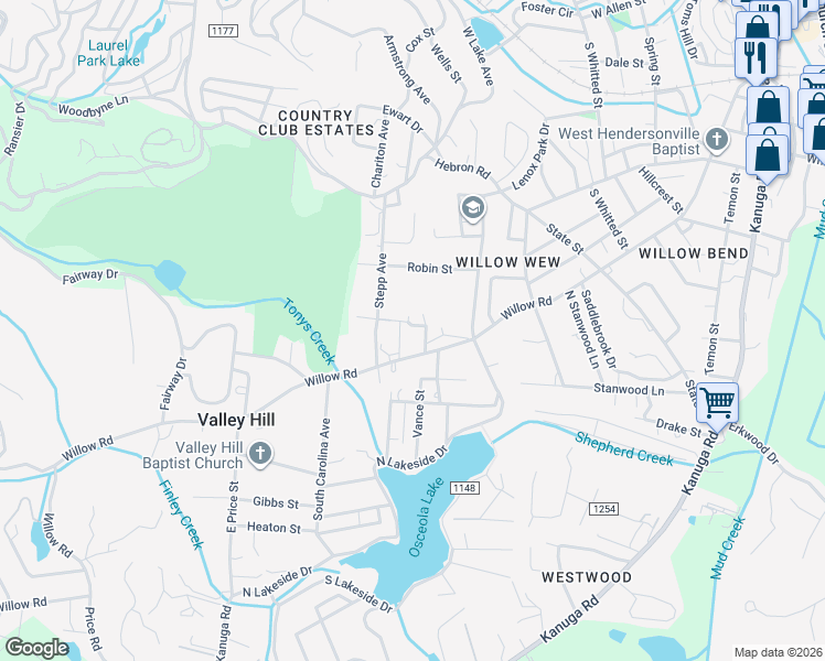 map of restaurants, bars, coffee shops, grocery stores, and more near 15 Rosebud Lane in Hendersonville