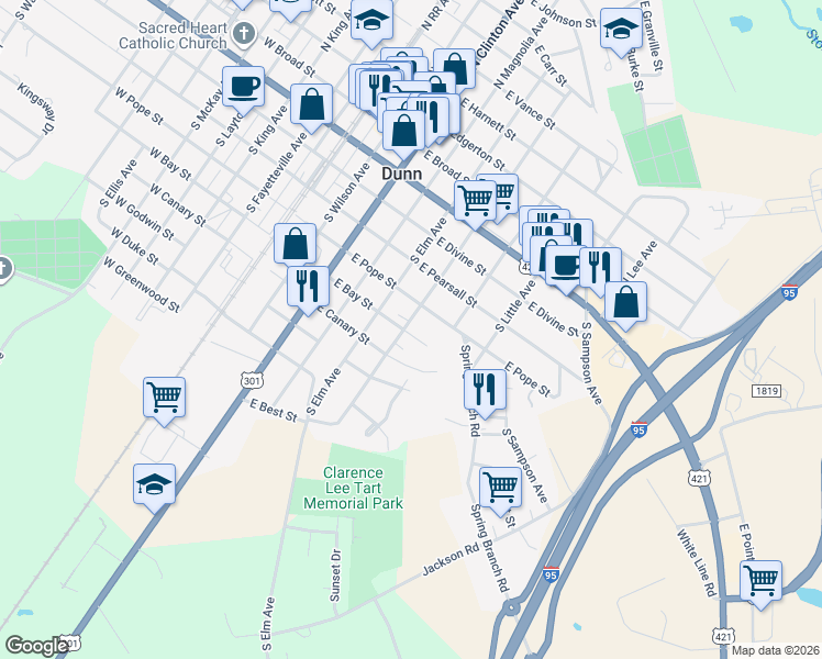 map of restaurants, bars, coffee shops, grocery stores, and more near 603 South Washington Avenue in Dunn