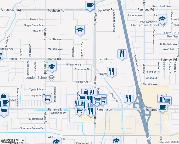 map of restaurants, bars, coffee shops, grocery stores, and more near 5912 Wicks Avenue in Bakersfield