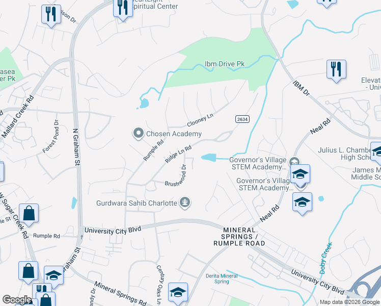 map of restaurants, bars, coffee shops, grocery stores, and more near 7000 Ridge Lane Road in Charlotte