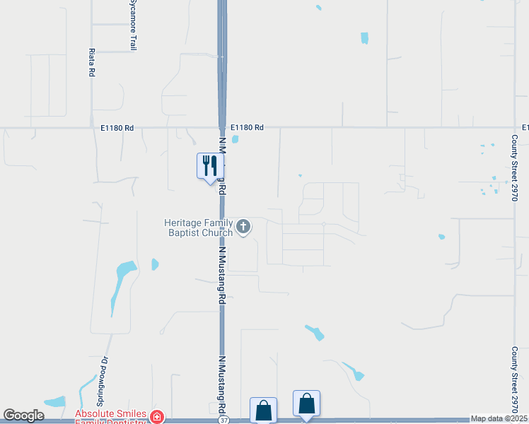 map of restaurants, bars, coffee shops, grocery stores, and more near 600 North Mustang Road in Tuttle