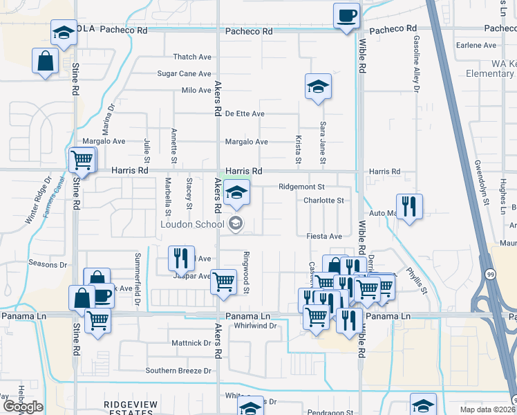 map of restaurants, bars, coffee shops, grocery stores, and more near 4000 Loudon Street in Bakersfield
