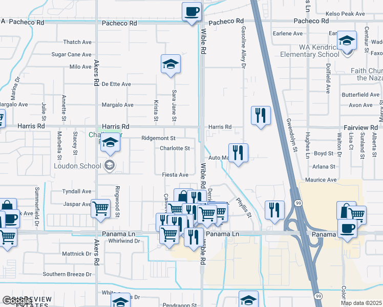 map of restaurants, bars, coffee shops, grocery stores, and more near 5912 Wicks Avenue in Bakersfield
