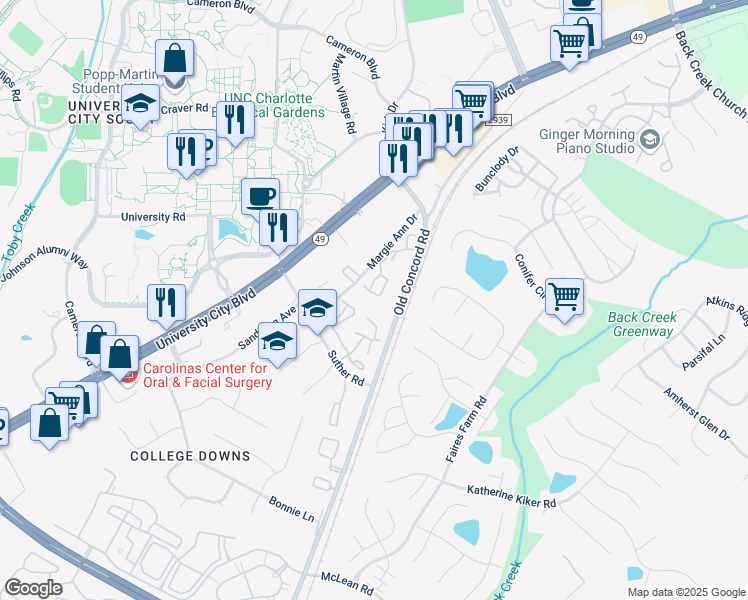 map of restaurants, bars, coffee shops, grocery stores, and more near 1614 Arlyn Circle in Charlotte