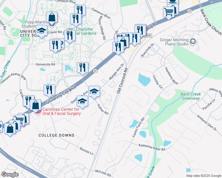 map of restaurants, bars, coffee shops, grocery stores, and more near 9619 Vinca Crescent in Charlotte