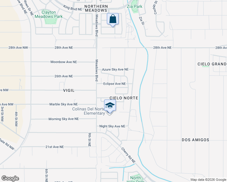 map of restaurants, bars, coffee shops, grocery stores, and more near 1443 Blue Sky Loop Northeast in Rio Rancho