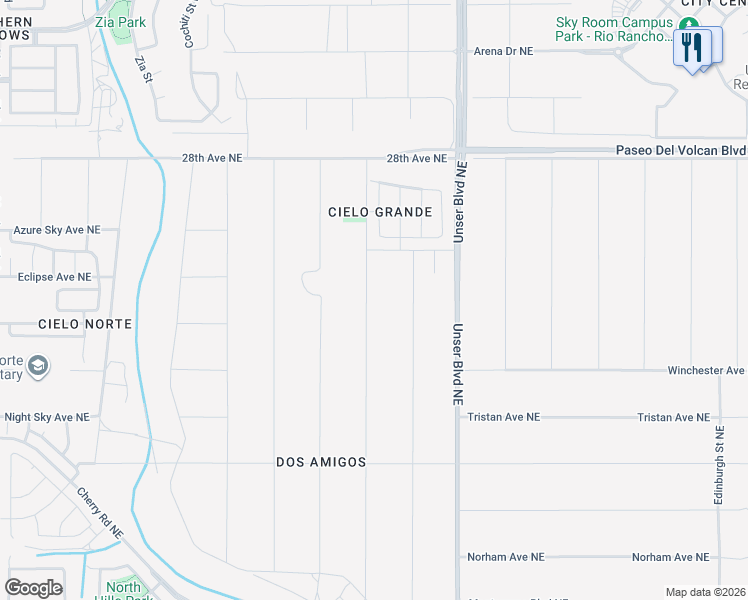 map of restaurants, bars, coffee shops, grocery stores, and more near 2611 Box Lake Drive Northeast in Rio Rancho