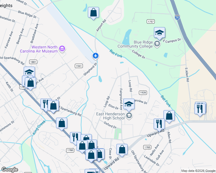 map of restaurants, bars, coffee shops, grocery stores, and more near 414 Loop Road in Hendersonville
