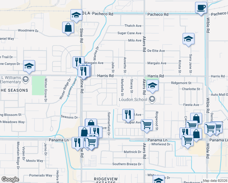map of restaurants, bars, coffee shops, grocery stores, and more near 5905 Cedar Glen Lane in Bakersfield