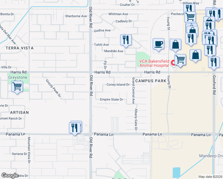 map of restaurants, bars, coffee shops, grocery stores, and more near 9419 Metropolitan Way in Bakersfield