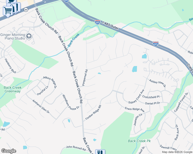 map of restaurants, bars, coffee shops, grocery stores, and more near 10444 Henbane Court in Charlotte