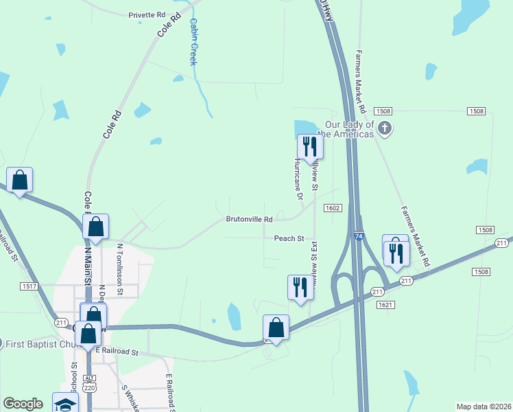 map of restaurants, bars, coffee shops, grocery stores, and more near 611 Brutonville Road in Candor