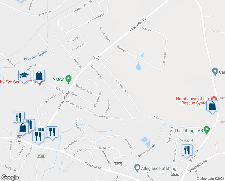 map of restaurants, bars, coffee shops, grocery stores, and more near 1331 Crestview Drive in Shelby