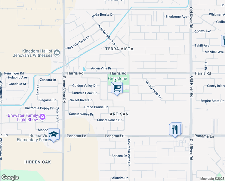 map of restaurants, bars, coffee shops, grocery stores, and more near 10615 Mount Pleasant Drive in Bakersfield