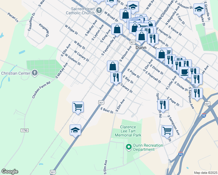 map of restaurants, bars, coffee shops, grocery stores, and more near 802 South Clinton Avenue in Dunn