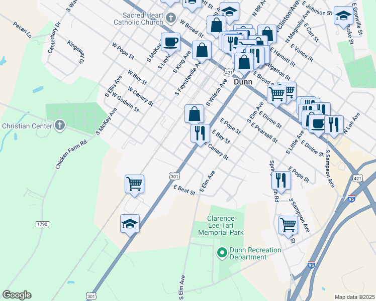 map of restaurants, bars, coffee shops, grocery stores, and more near 802 South Clinton Avenue in Dunn