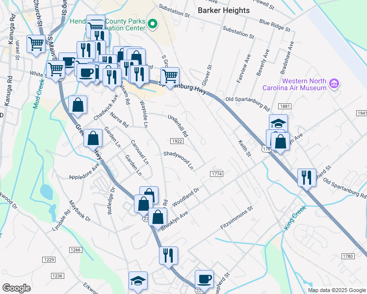 map of restaurants, bars, coffee shops, grocery stores, and more near 725 Wildflower Lane in Hendersonville