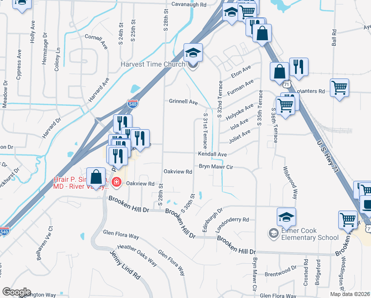 map of restaurants, bars, coffee shops, grocery stores, and more near 2913 Kendall Avenue in Fort Smith