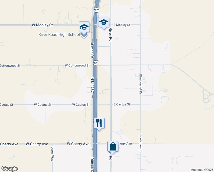 map of restaurants, bars, coffee shops, grocery stores, and more near 8605-8613 River Road in Amarillo