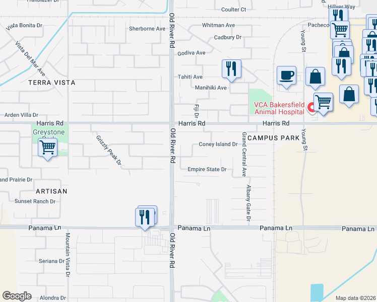 map of restaurants, bars, coffee shops, grocery stores, and more near 9509 Metropolitan Way in Bakersfield