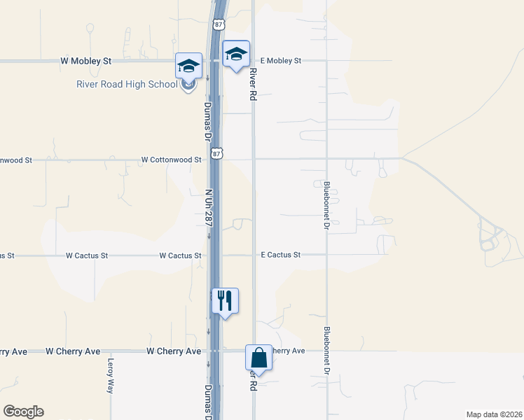 map of restaurants, bars, coffee shops, grocery stores, and more near 8614 River Road in Amarillo