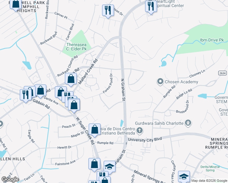 map of restaurants, bars, coffee shops, grocery stores, and more near 6350 Pink Dogwood Lane in Charlotte