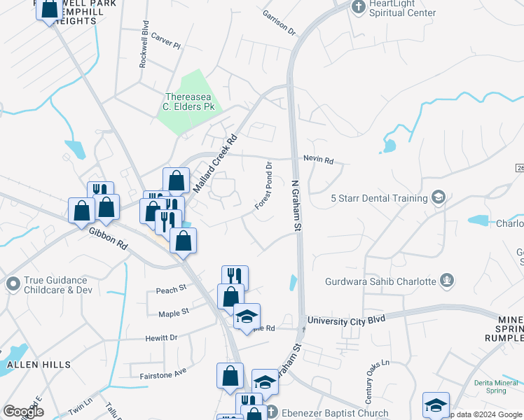 map of restaurants, bars, coffee shops, grocery stores, and more near 6314 Pink Dogwood Lane in Charlotte