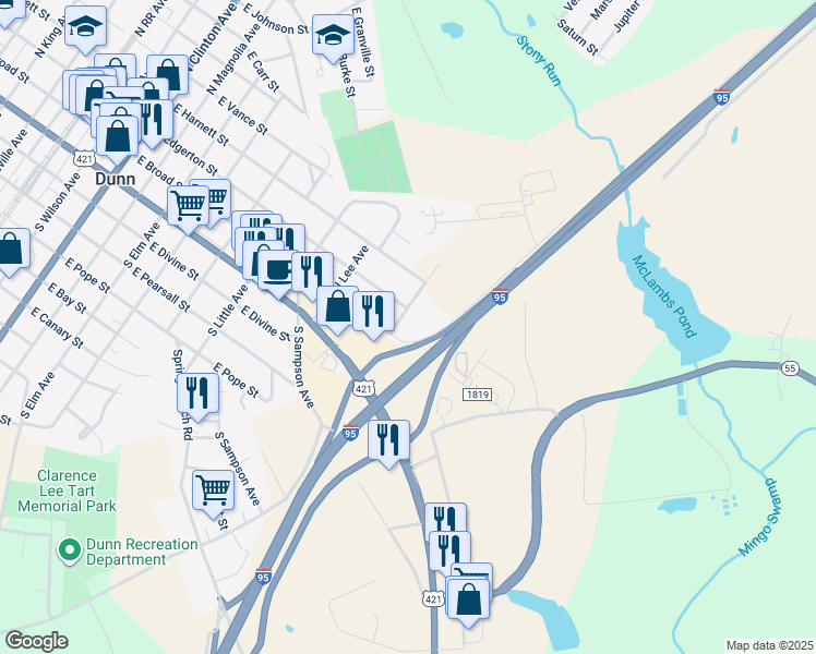 map of restaurants, bars, coffee shops, grocery stores, and more near 106 North Holland Avenue in Dunn