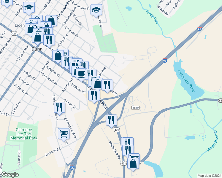 map of restaurants, bars, coffee shops, grocery stores, and more near 1023 East Broad Street in Dunn