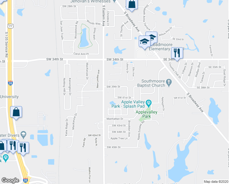 map of restaurants, bars, coffee shops, grocery stores, and more near 4101 Green Apple Drive in Moore