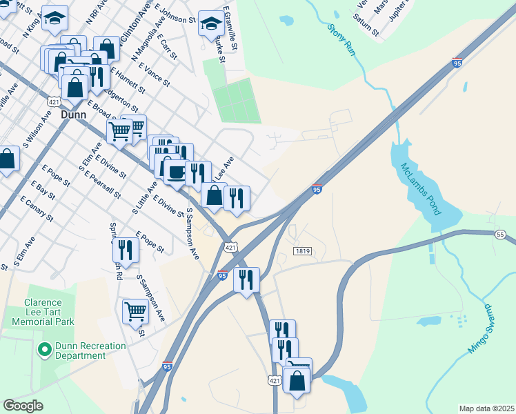 map of restaurants, bars, coffee shops, grocery stores, and more near 106 North Holland Avenue in Dunn