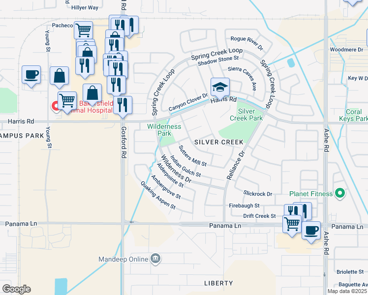 map of restaurants, bars, coffee shops, grocery stores, and more near 7612 Sutters Mill Street in Bakersfield