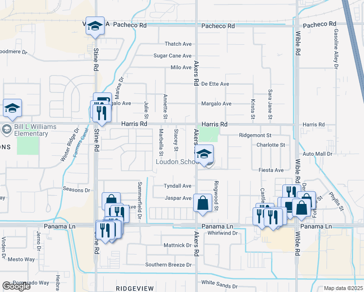 map of restaurants, bars, coffee shops, grocery stores, and more near 5906 Stacey Street in Bakersfield